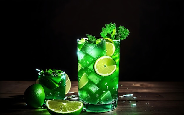 a glass of mojito with a lime slice in the middle of table in dark room generated by ai