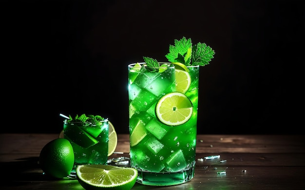 A glass of mojito with a lime slice in the middle of table in dark room generated by ai