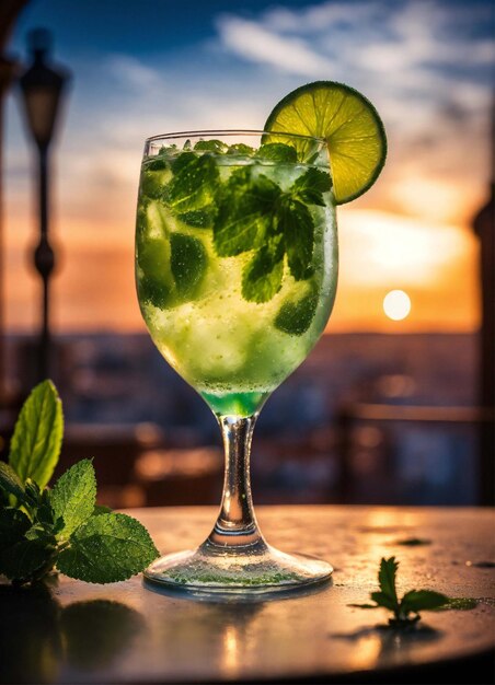 Glass of mojito with lime slices