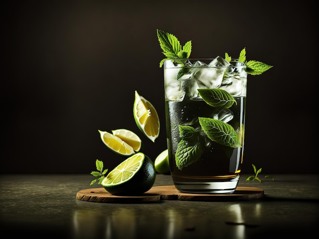 A glass of mojito with limes and a lime on the side