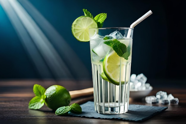 A glass of mojito with limes and limes on a dark background