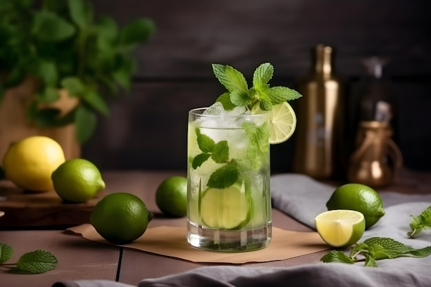 A glass of mojito with limes and limes on a table.