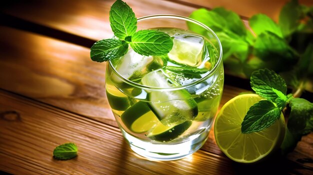 A glass of mojito with limes and mint leaves on a wooden table.