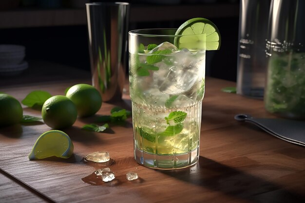 A glass of mojito with limes and mint leaves on a wooden table.