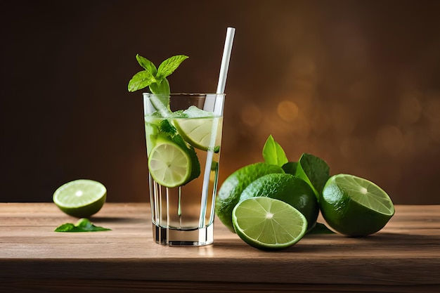 A glass of mojito with limes on a table