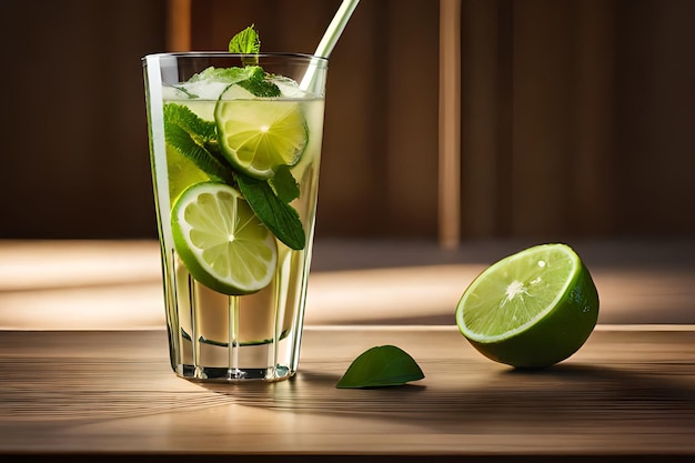 A glass of mojito with limes on a wooden table.