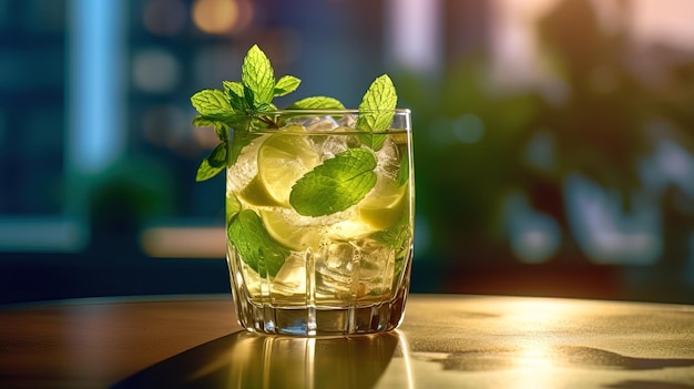 A glass of mojito with mint leaves on a bar counter