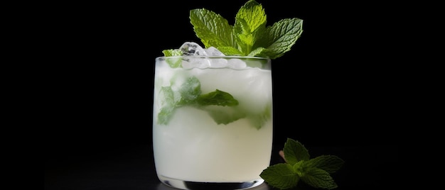 A glass of mojito with mint leaves on a black background