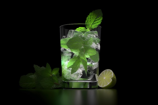 A glass of mojito with mint leaves and ice on a black background