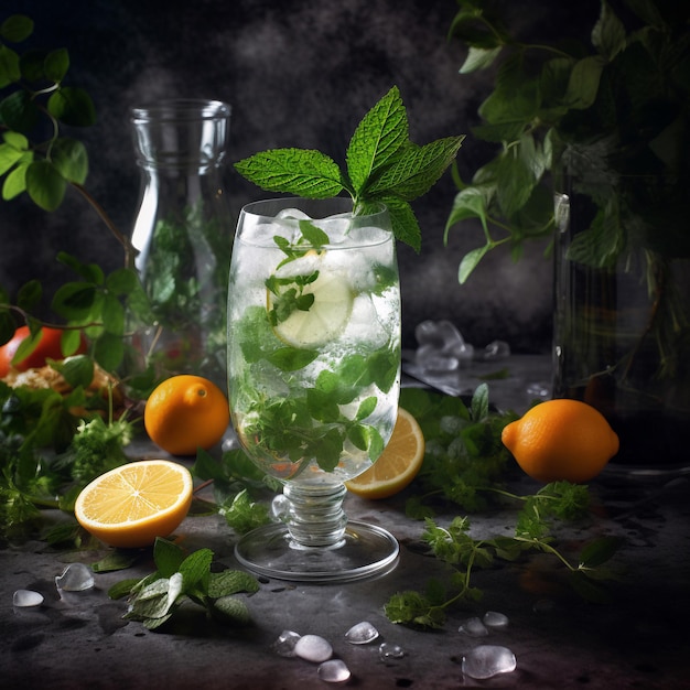 A glass of mojito with mint leaves and lemons on a table.