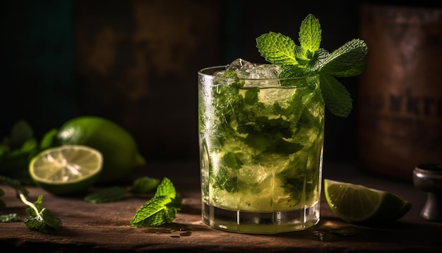 A glass of mojito with mint leaves on a wooden table