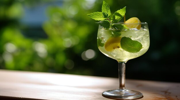 A glass of mojito with mint leaves on a wooden table