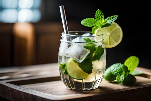 A glass of mojito with a straw and limes on a wooden table.