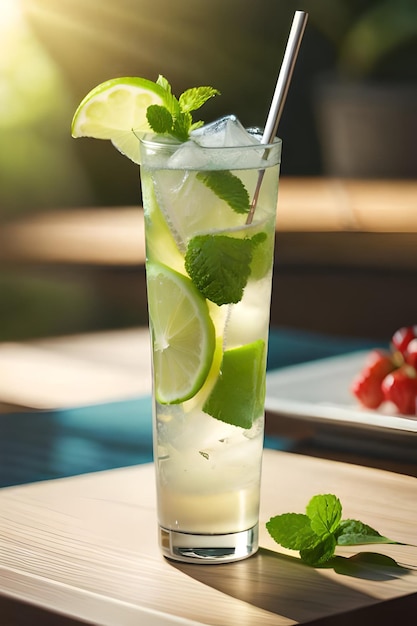 A glass of mojito with a straw on the side