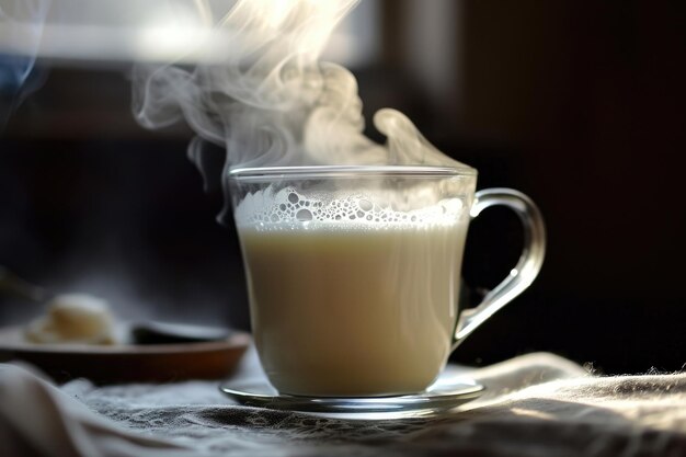 A glass mug filled with freshly steamed milk