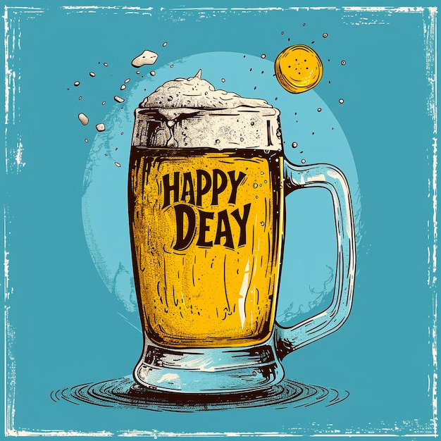 a glass mug of happy day beer with a lemon on it