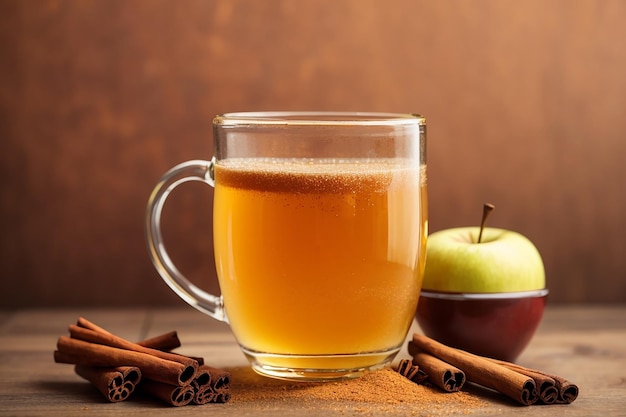 Glass mug of homemade apple cider with ground cinnamon yellow background copy space