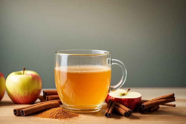 Glass mug of homemade apple cider with ground cinnamon yellow background copy space