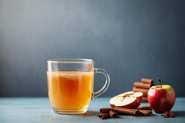 Glass mug of homemade apple cider with ground cinnamon yellow background copy space