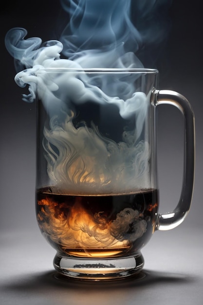 A glass mug with a thick plume of smoke rising from its surface