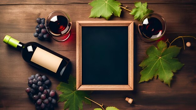 Glass of natural red wine bottle of red wine and empty blackboard on wooden table