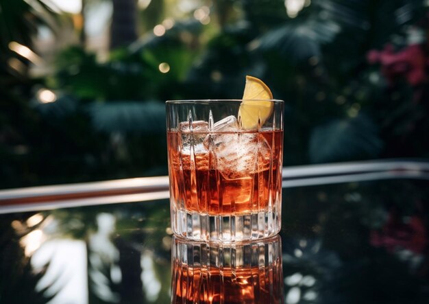 夏のラウンジのガラスのテーブルに氷とオレンジのスライスでネグロニコクテルのグラス