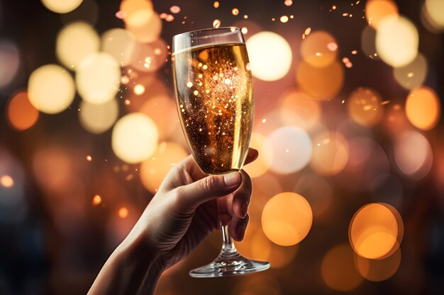 Photo a glass of new year's champagne in a hand with a blurred background 1