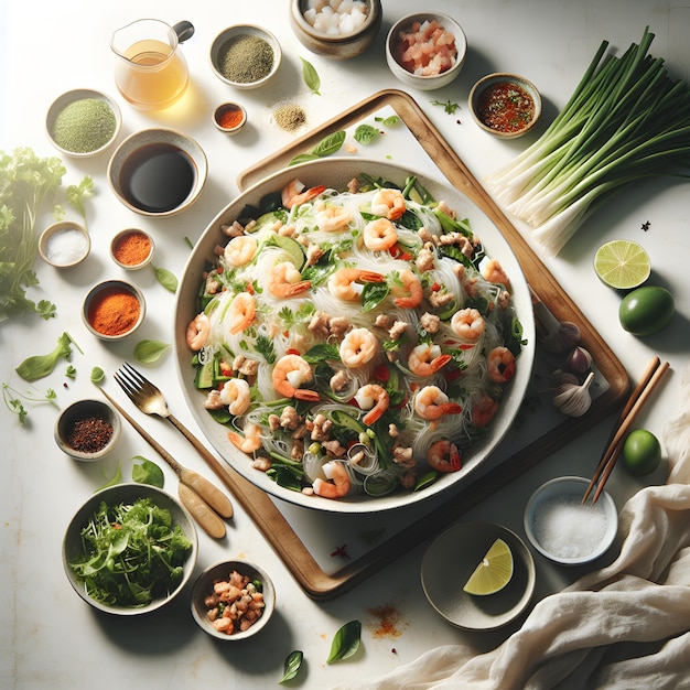 Glass Noodle Salad Preparation with Shrimp and Pork