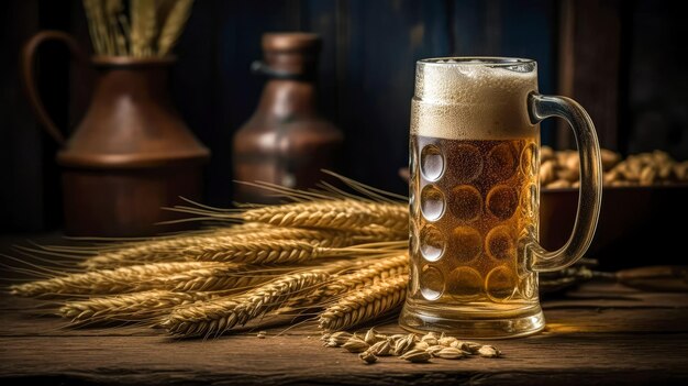 写真 木製の背景に小麦のビールグラス aiが生成されました