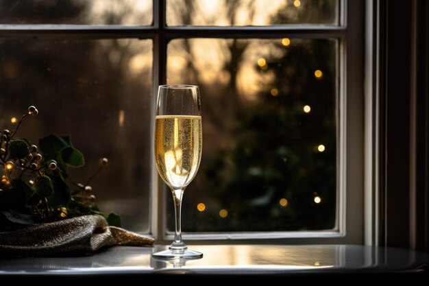 Фото Стакан шампанского на подоконнике большое окно зимний сезон копирование пространства