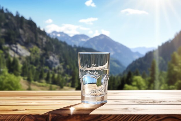 写真 木製の背景に透明な水のグラス 背景に晴れた夏の山 健全な飲み物コンセプトのイラスト