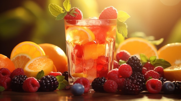 写真 フレッシュジュースのグラスには、鮮やかなベリーや柑橘類が添えられています