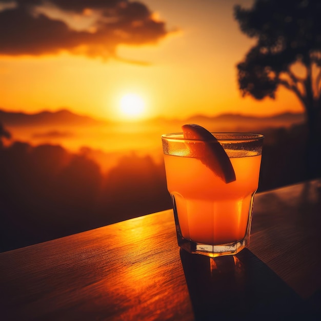 写真 朝の夕暮れにオレンジジュースのグラス