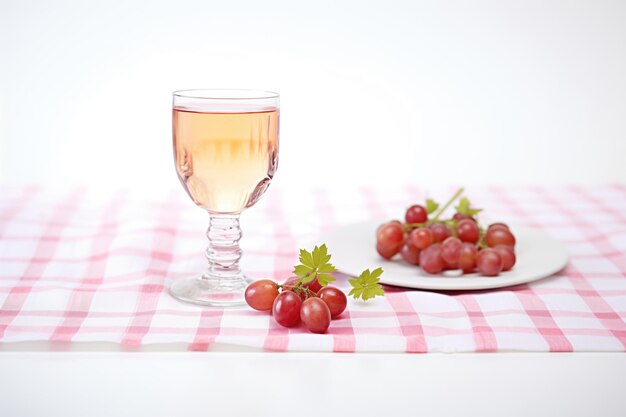 写真 白いテーブルクロースにぶどうをつけたバラのワインのグラス