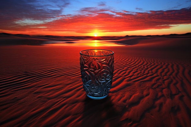 写真 夕暮れの砂丘に半分埋もれた水のグラス