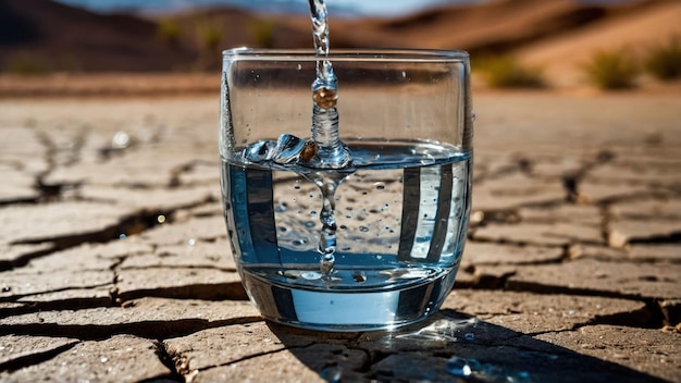 Фото Склянка воды с конденсацией на треснутой поверхности пустыни тема гидратации