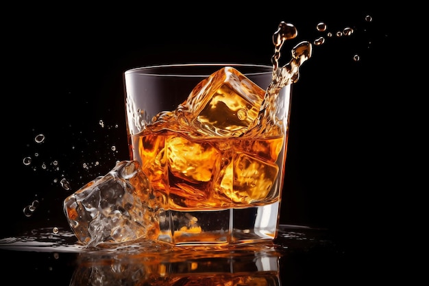 Фото Склянка виски с льдом с брызгами черный фон брызги и капли виски летают из стакана в разных направлениях