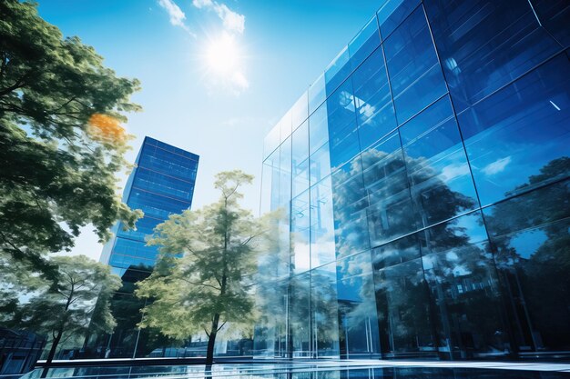 glass office building in blue sky