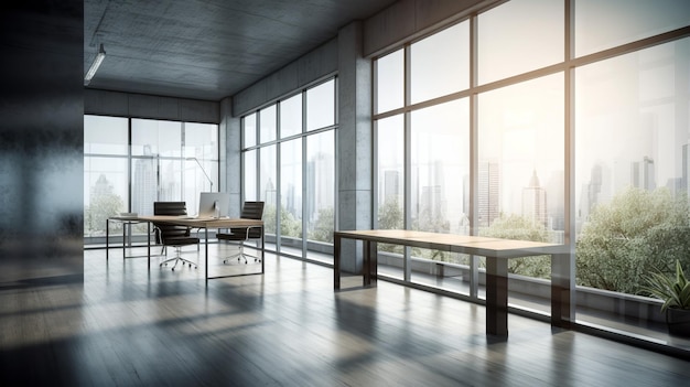 A glass office with a view of the city.