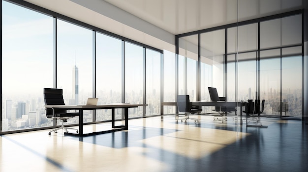 A glass office with a view of a cityscape.