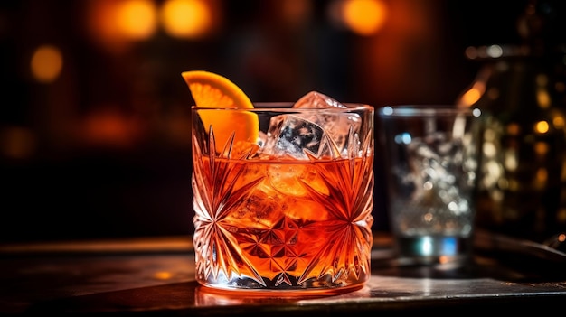 A glass of old fashioned cocktail with ice cubes on a bar counter.