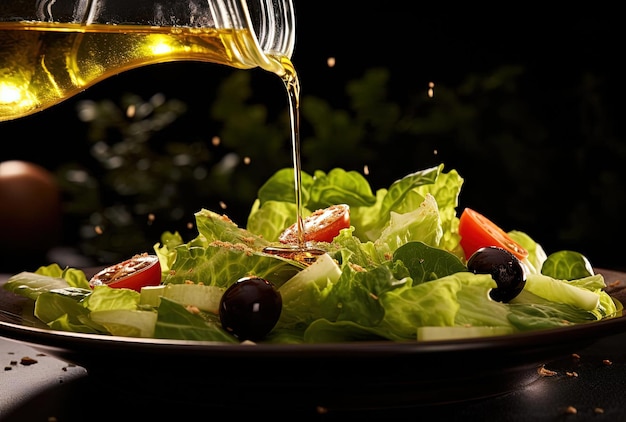 a glass of olive oil is poured into a bowl of salad