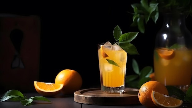 A glass of orange cocktail with a leaf on the side