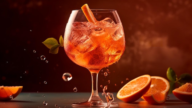 A glass of orange cocktail with a stick of a leaf on it