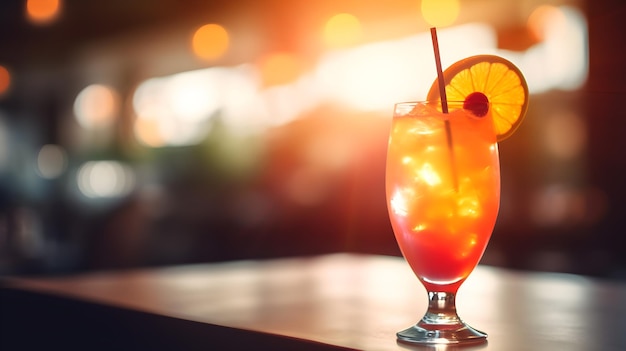 A glass of orange cocktail with a straw on the table