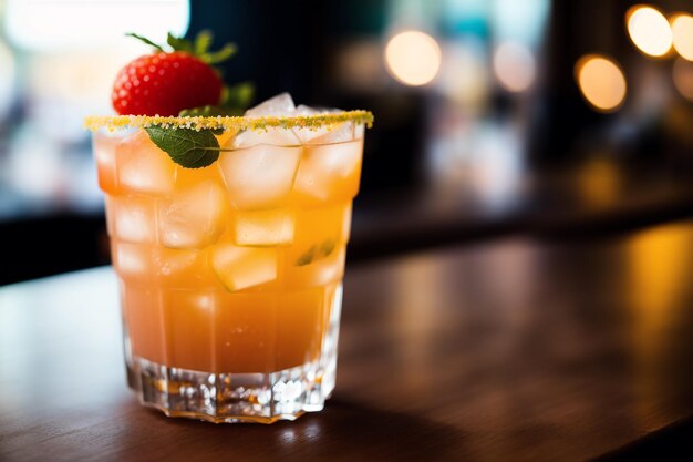 A glass of orange cocktail with a strawberry on the rim