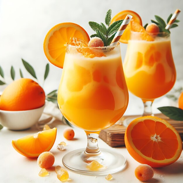 Photo a glass of orange dream mimosas on a fruit background