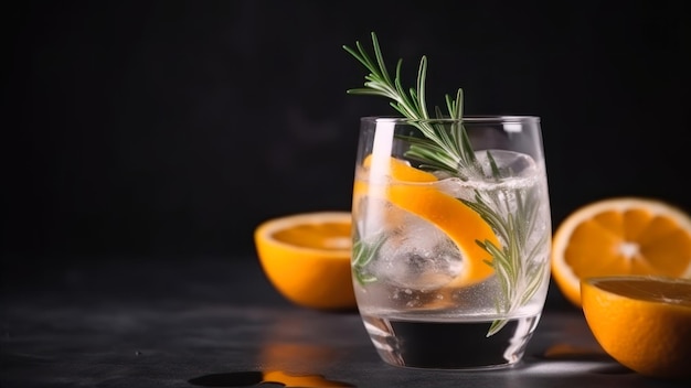 A glass of orange gin and tonic with a sprig of rosemary on the rim.