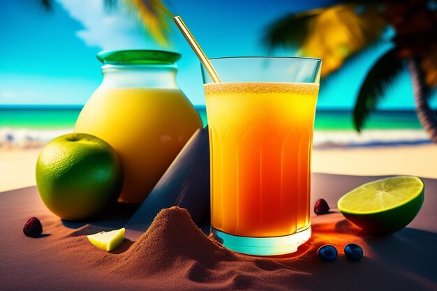 A glass of orange juice on a beach with a beach in the background.