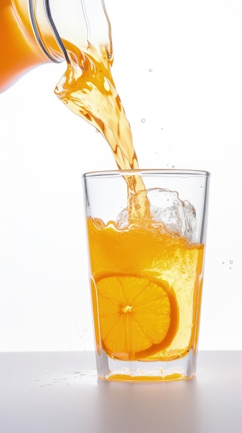 ガラス生成 AI に注がれるオレンジ ジュースのガラス